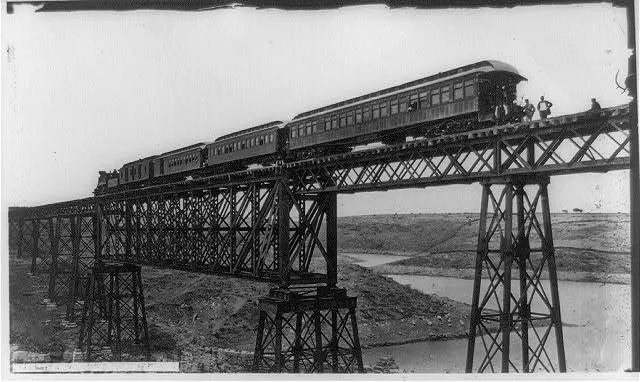 The Encarnation Bridge, Mexico [train on bridge], 1884