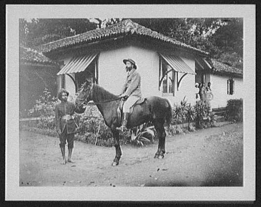 An English tea planter on horseback at Gampola rest house, Sri Lanka, Gampola, 1895