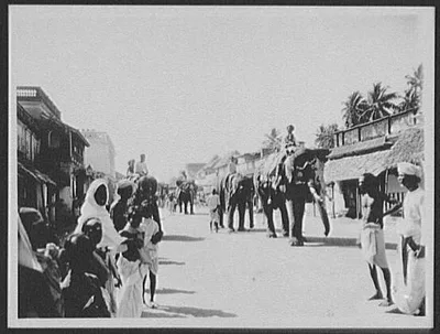 Madura - street procession with men on elephants, Madurai, India, 1895