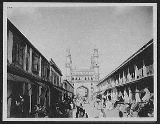 Hyderabad - street market scene leading to gates of Char-Minar, India, Hyderabad, 1895