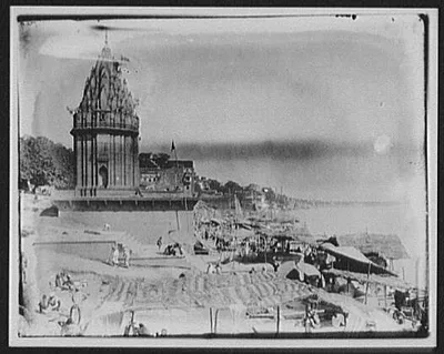 Benares - view along riverfront toward temple, Bangladesh, Ganges River, India, Varanasi, 1895