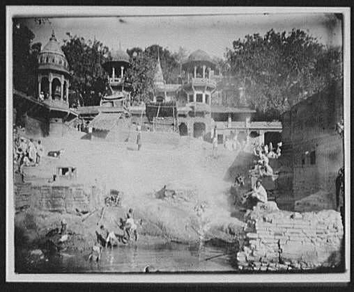 Benares - burning ghat on riverbank, Bangladesh, Ganges River, India, Varanasi, 1895
