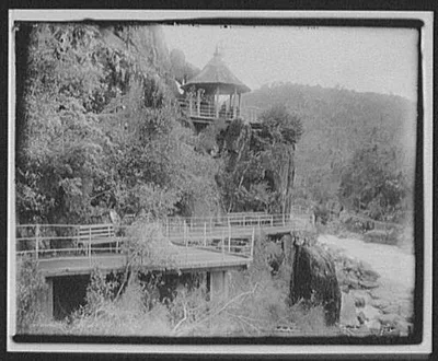 Scenic walkway on mountainside above river gorge, Tasmania, 1895