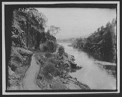 Looking down Cascade Gorge toward bridge; Launceston in background, Tasmania, Launceston, 1895