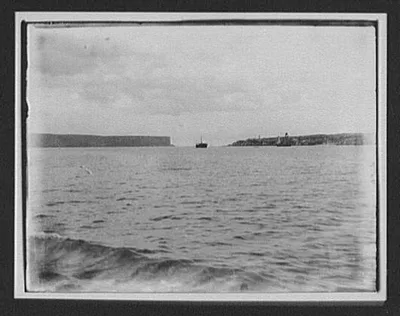 Ship silhouetted in "Heads" to Sydney Harbour, New South Wales, 1895