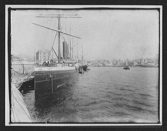 Waterfront scene; steamer Polynesien docked at left, New Zealand, 1895