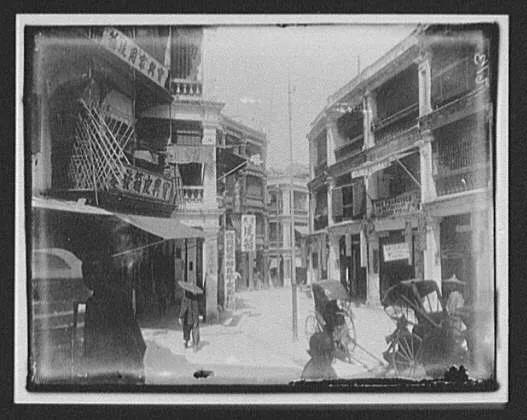 Street view with San Francisco Restaurant at right, Hong Kong, 1895