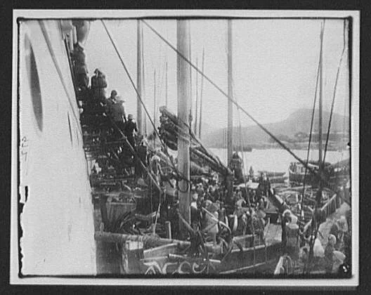 Crowded dock scene - unloading steamer, China, 1895