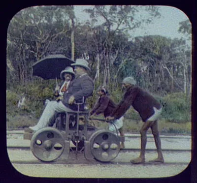 Pangborn on railway section car, Sri Lanka, 1895