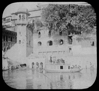 Benares - World Transportation commission on river barge, India, Varanasi, 1895