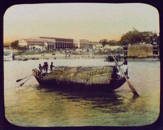 Calcutta - thatch-roofed boat in foreground; bathers and cows in…, India, Calcutta, 1895