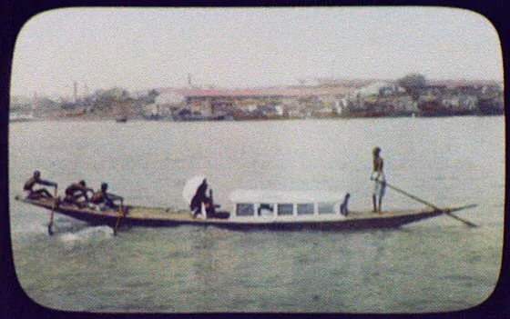 Calcutta - 3 oarsmen pulling long, narrow passenger boat, India, Calcutta, 1895