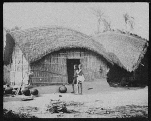 Thatched huts of fishing village on lower Ganges, Bangladesh, 1895