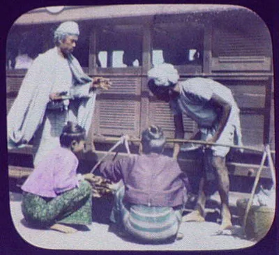 Peddlers at railway station, Burma, 1895
