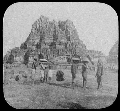 Coolies with sedan chairs in front of ruins of Hindu temple of…, Java, Indonesia, 1895