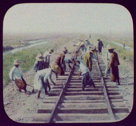 Workmen repairing railroad track, Thailand, 1895