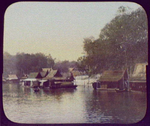 Village on the Menam (?) River, Thailand, Chao Phraya River, 1895