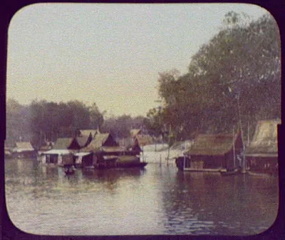 Village on the Menam (?) River, Thailand, Chao Phraya River, 1895