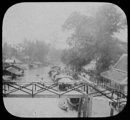 Bangkok - birds-eye view of river; pedestrian bridge in foreground, Bangkok, Thailand, 1895