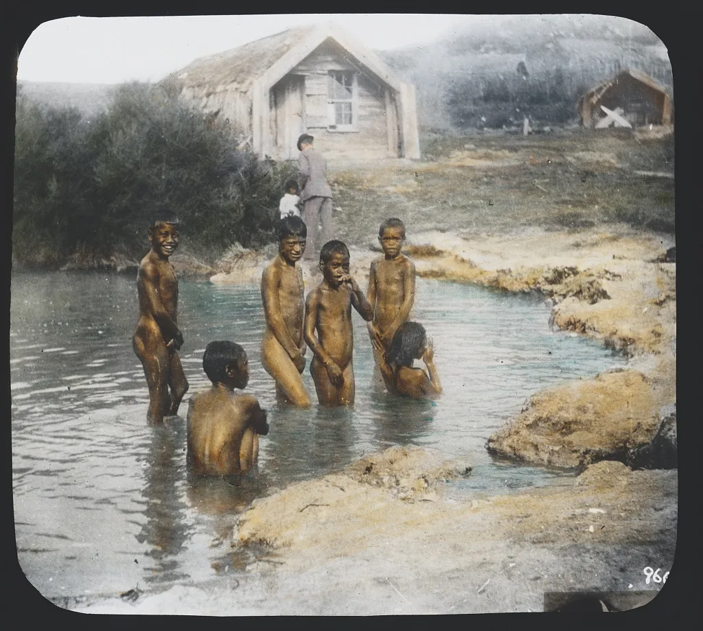 Naked Maori boys bathing, New Zealand, 1895
