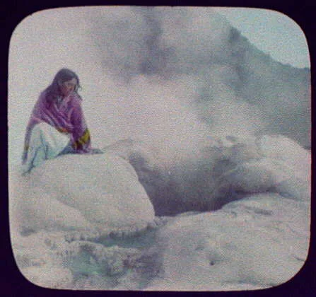 Bella, a Maori guide sitting at edge of Rotorua geysers, Rotorua, New Zealand, 1895