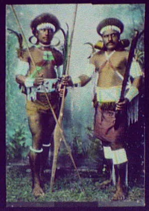 Two warriors in battle dress, Oceania, 1895