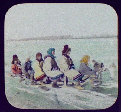Six Goldi women and children on dog sledge, Russia, China, Amur River, 1895