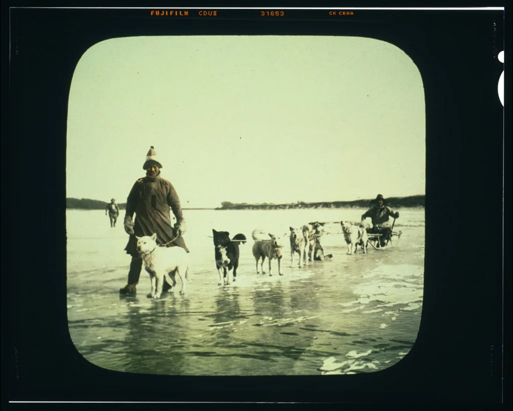 Goldi men with dog sled on Amur River, Russia, Amur River, China, 1895