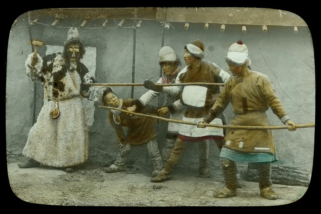 Goldi tribesmen acting out folk drama, "The Repulse of the Kidnapper", Siberia, 1895