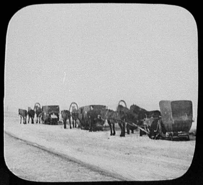 Three horse-drawn sledges on the Great Siberian Highway, 1896
