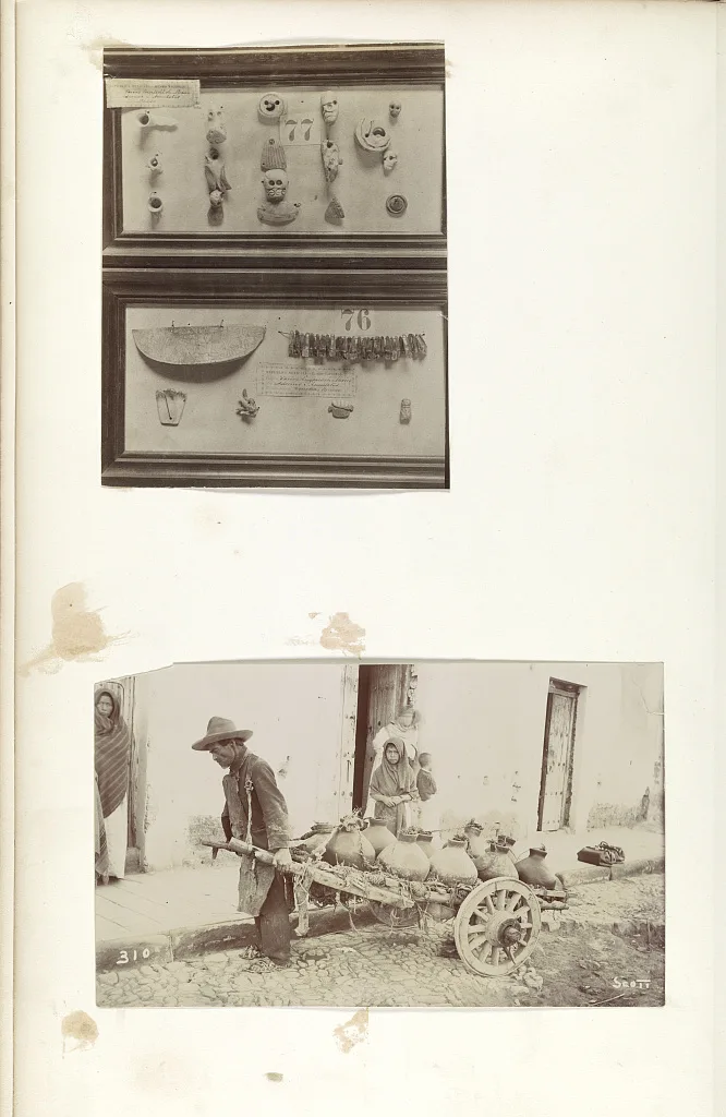 [Archaeological artifacts and Mexican man pulling cart], Mexico City, Mexico, 1883