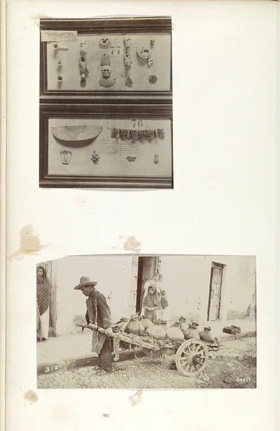 [Archaeological artifacts and Mexican man pulling cart], Mexico City, Mexico, 1883