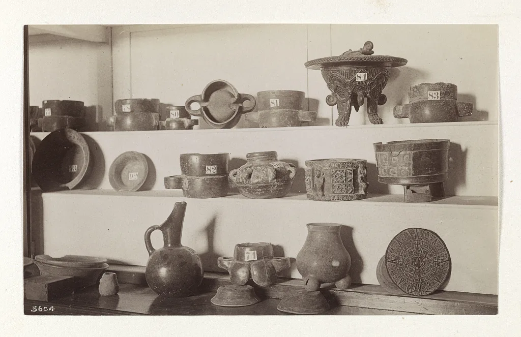 [Ancient pottery and Aztec statue], Mexico City, Mexico, 1883