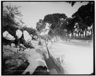 Bathing in the hot spring acequia, Aguascalientes (State), 1880
