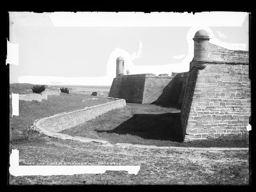 The covered way and watch towers, Florida, 1880