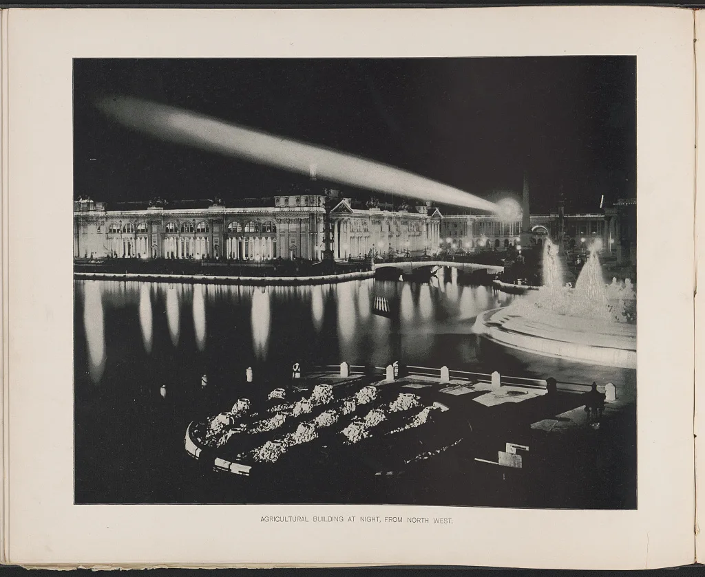 Agricultural building at night, from north west, Chicago, Illinois, 1894