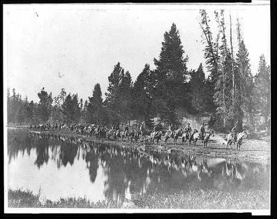 [U.S. Geological Survey pack train on trail along the Yellowstone…, Wyoming, Yellowstone River, 1871