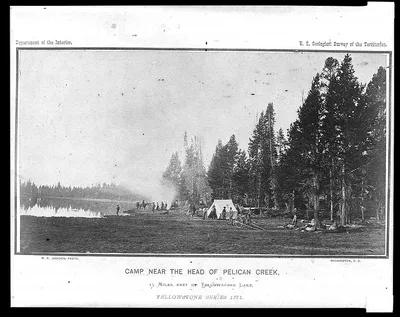 Camp near the head of Pelican Creek, 15 miles east of Yellowstone Lake, Yellowstone National Park, Wyoming, 1871